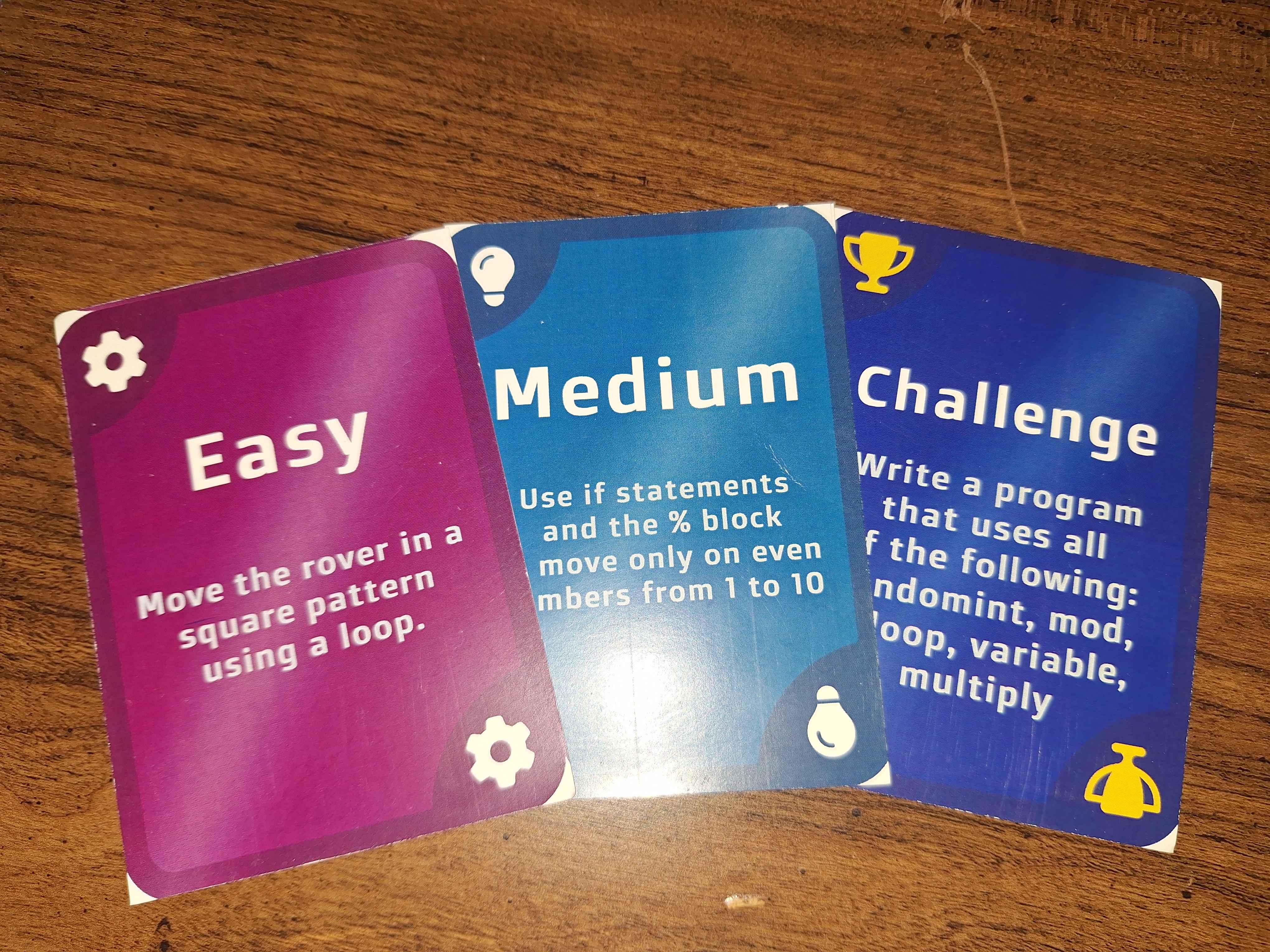 The challenge cards we made for Open Sauce, sorted by difficulty tier